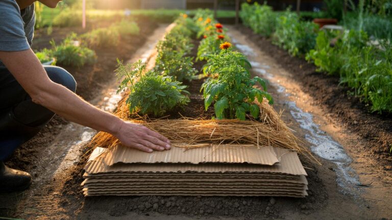 Illustration von dem Papp-Trick im Gartenbeet mit Pappe unter Mulch zur Unkrautunterdrückung im Sommer
