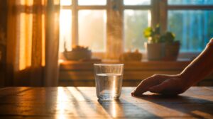 Illustration von einem Glas warmem Wasser am Morgen mit aufsteigendem Dampf und Sonnenlicht am Fenster