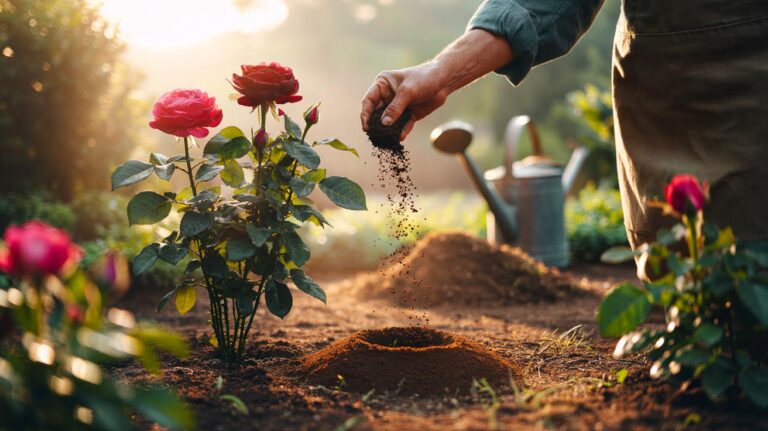 Illustration von Kaffeesatz als natürlichem Dünger für Rosen