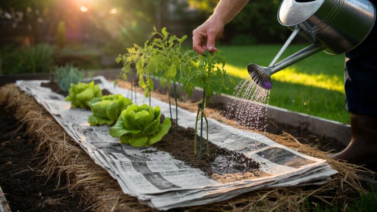 Illustration von Zeitungspapier als Mulch im Gartenbeet zur Feuchtigkeitsspeicherung
